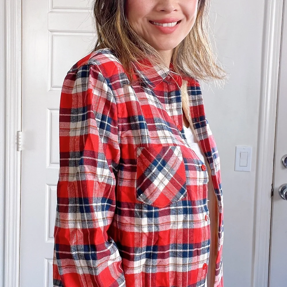 011 Cozy Plaid Sherpa Lined Button up Jacket Shacket - Picture 8 of 8